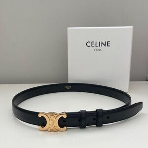 Celine Triomphe Black Leather Belt with Gold Logo Buckle
